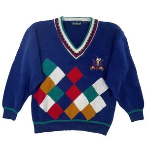 Vtg Par Four Golf Sweater‎ 90s Preppy Argyle Embroidered Blue Sweater Mens XL